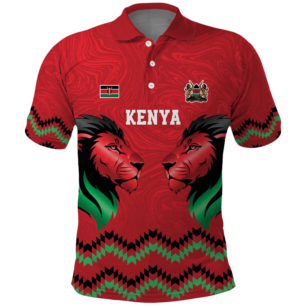 Custom Cricket Africa Kenya Polo Shirt Red Lion Head with Kenyan Pattern - African Pride