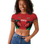 Custom Cricket Africa Kenya Raglan Cropped T shirt Red Lion Head with Kenyan Pattern - African Pride