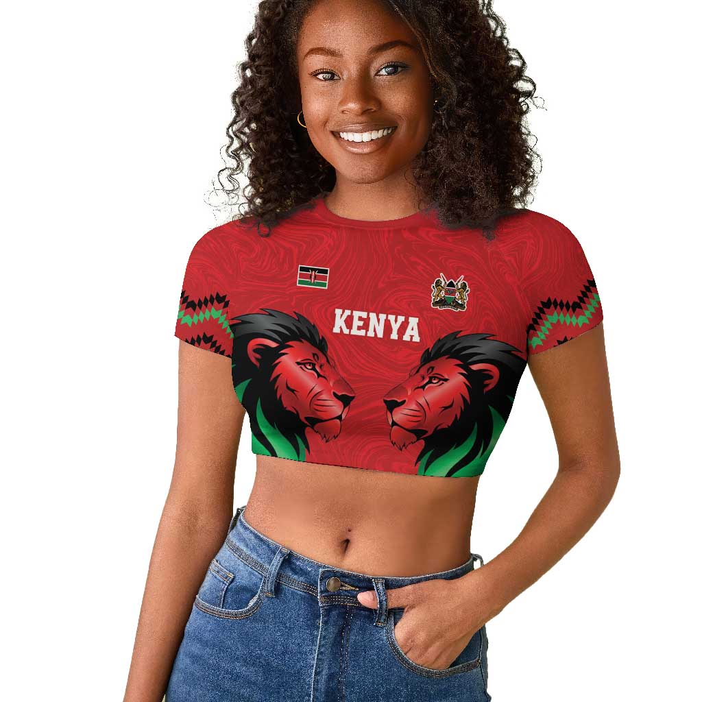 Custom Cricket Africa Kenya Raglan Cropped T shirt Red Lion Head with Kenyan Pattern - African Pride