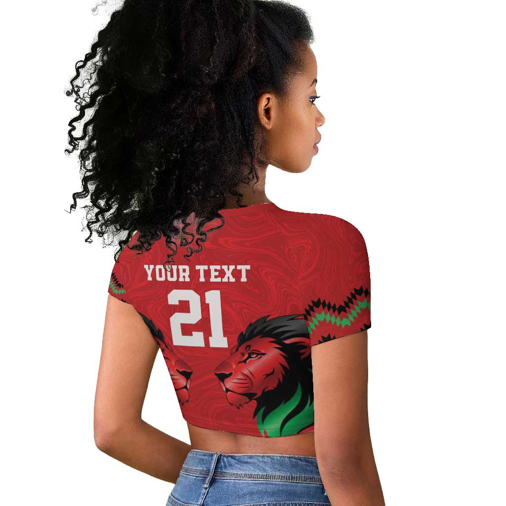 Custom Cricket Africa Kenya Raglan Cropped T shirt Red Lion Head with Kenyan Pattern - African Pride