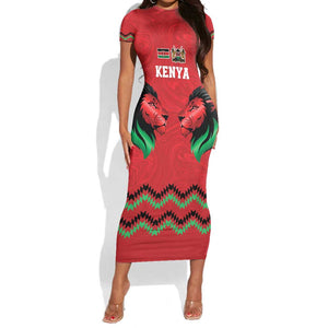 Custom Cricket Africa Kenya Short Sleeve Bodycon Dress Red Lion Head with Kenyan Pattern - African Pride