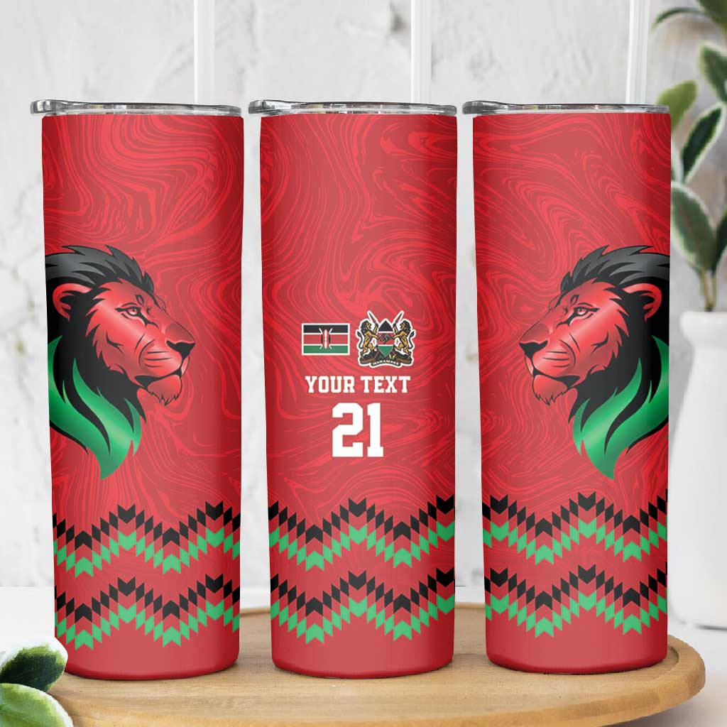 Custom Cricket Africa Kenya Skinny Tumbler Red Lion Head with Kenyan Pattern - African Pride