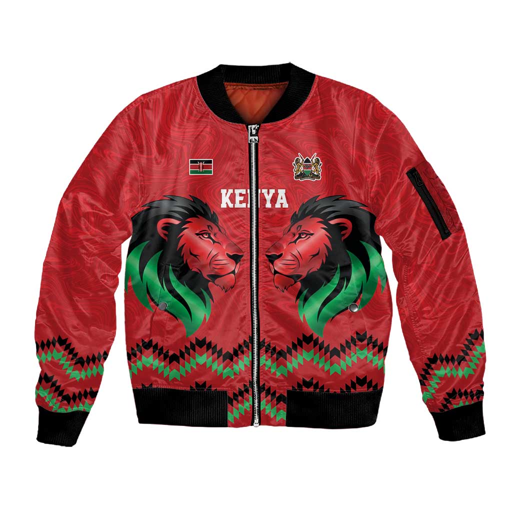Custom Cricket Africa Kenya Sleeve Zip Bomber Jacket Red Lion Head with Kenyan Pattern - African Pride