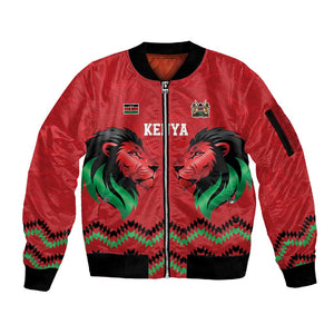 Custom Cricket Africa Kenya Sleeve Zip Bomber Jacket Red Lion Head with Kenyan Pattern - African Pride
