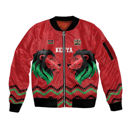 Custom Cricket Africa Kenya Sleeve Zip Bomber Jacket Red Lion Head with Kenyan Pattern - African Pride