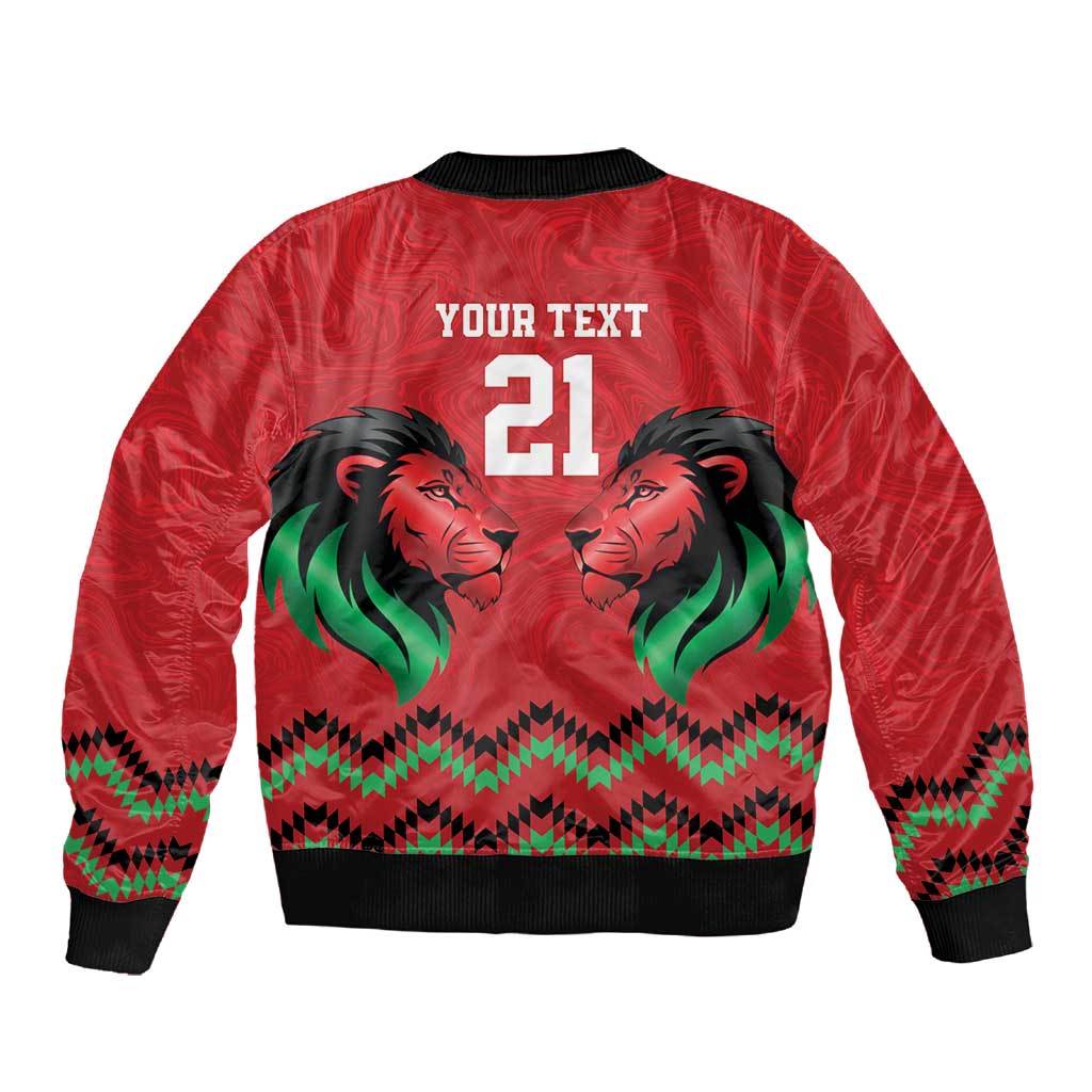 Custom Cricket Africa Kenya Sleeve Zip Bomber Jacket Red Lion Head with Kenyan Pattern - African Pride