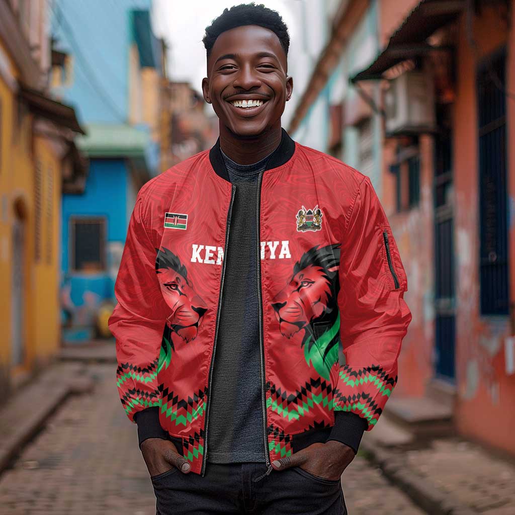 Custom Cricket Africa Kenya Sleeve Zip Bomber Jacket Red Lion Head with Kenyan Pattern - African Pride
