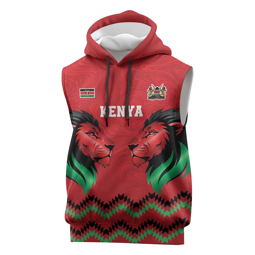 Custom Cricket Africa Kenya Sleeveless Hoodie Red Lion Head with Kenyan Pattern - African Pride