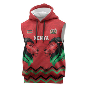 Custom Cricket Africa Kenya Sleeveless Hoodie Red Lion Head with Kenyan Pattern - African Pride