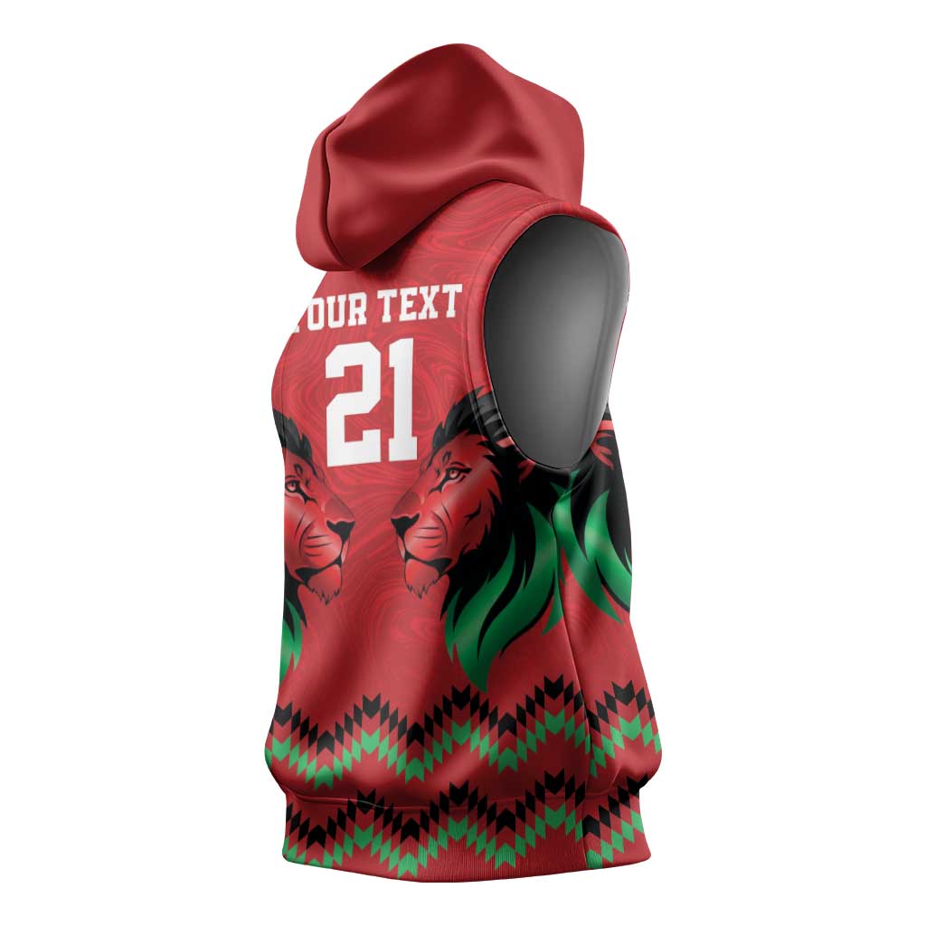 Custom Cricket Africa Kenya Sleeveless Hoodie Red Lion Head with Kenyan Pattern - African Pride