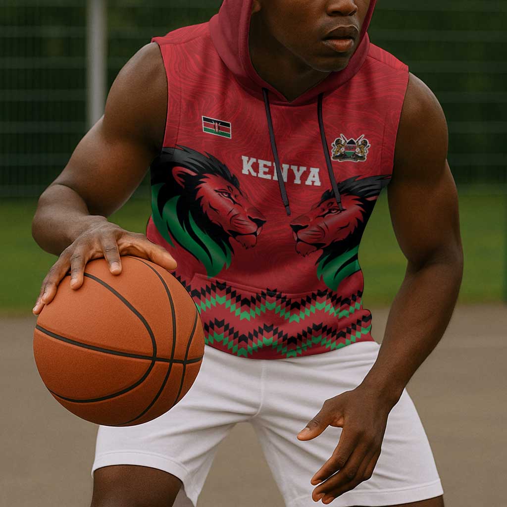 Custom Cricket Africa Kenya Sleeveless Hoodie Red Lion Head with Kenyan Pattern - African Pride
