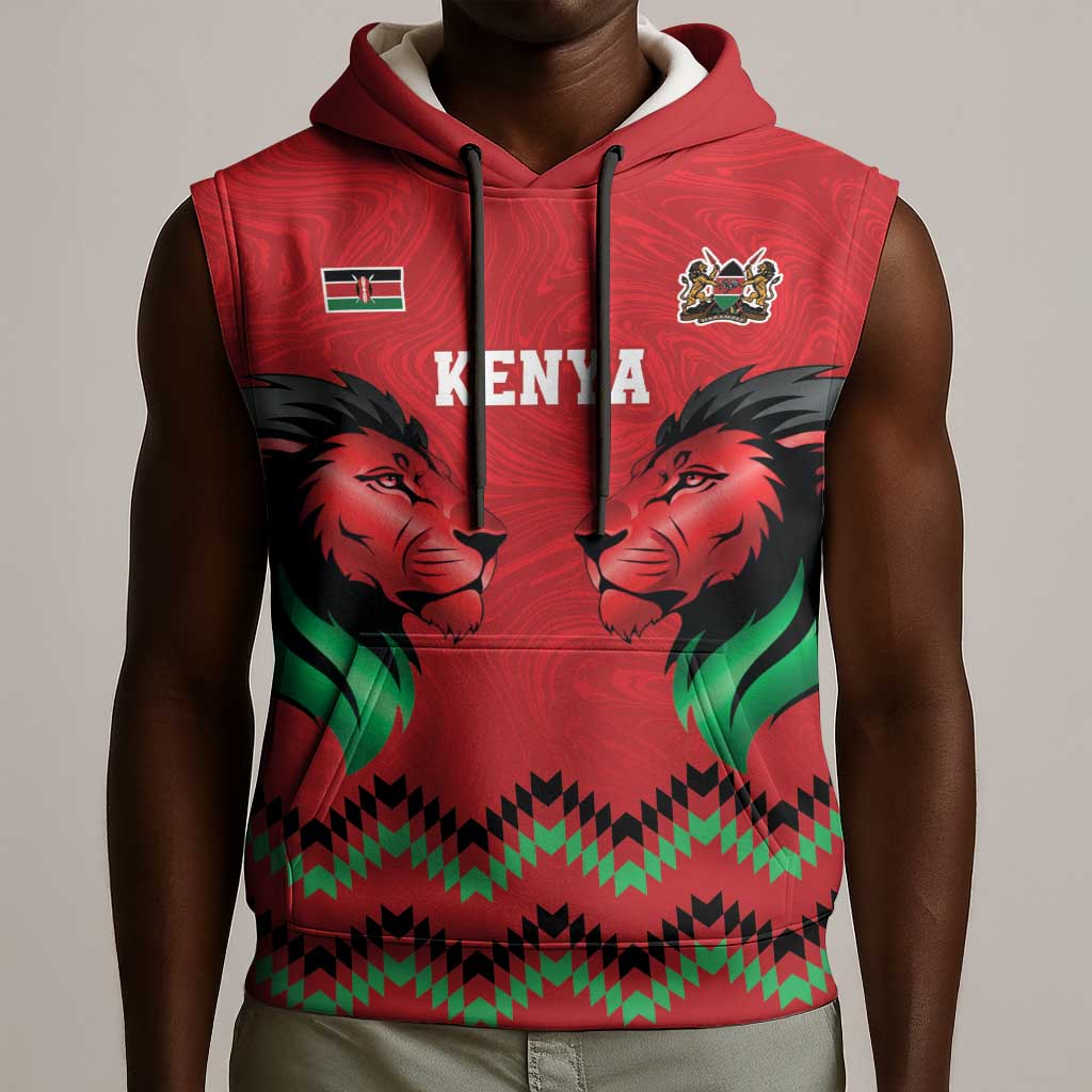 Custom Cricket Africa Kenya Sleeveless Hoodie Red Lion Head with Kenyan Pattern - African Pride