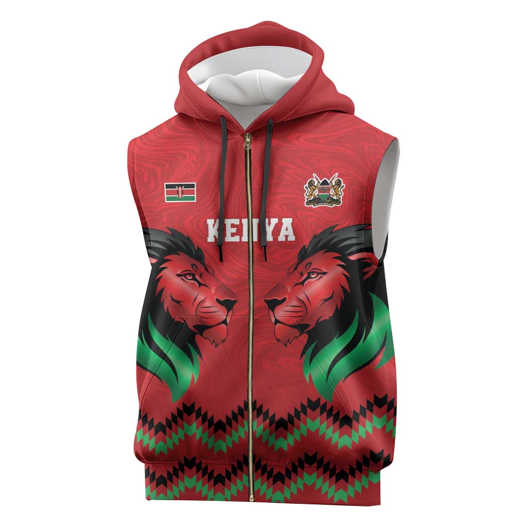 Custom Cricket Africa Kenya Sleeveless Zip Hoodie Red Lion Head with Kenyan Pattern - African Pride