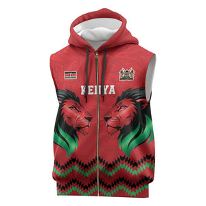 Custom Cricket Africa Kenya Sleeveless Zip Hoodie Red Lion Head with Kenyan Pattern - African Pride