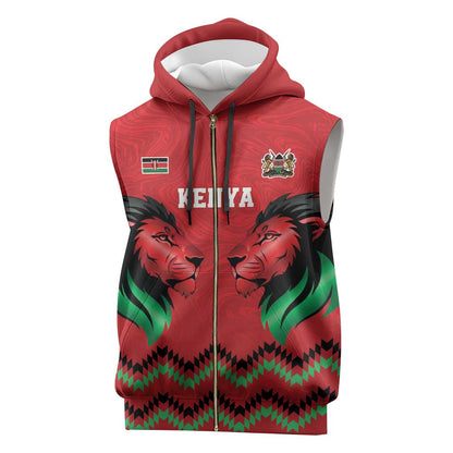Custom Cricket Africa Kenya Sleeveless Zip Hoodie Red Lion Head with Kenyan Pattern - African Pride