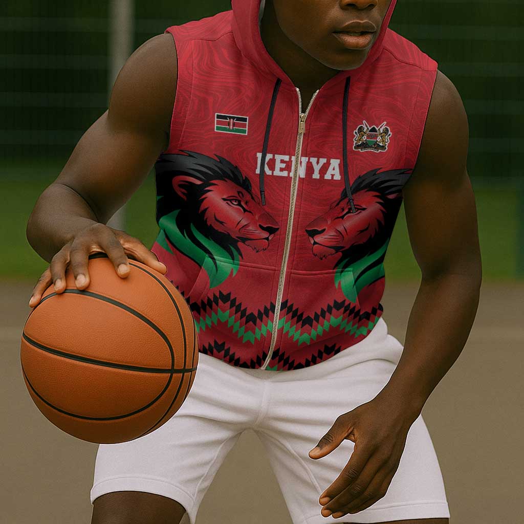 Custom Cricket Africa Kenya Sleeveless Zip Hoodie Red Lion Head with Kenyan Pattern - African Pride