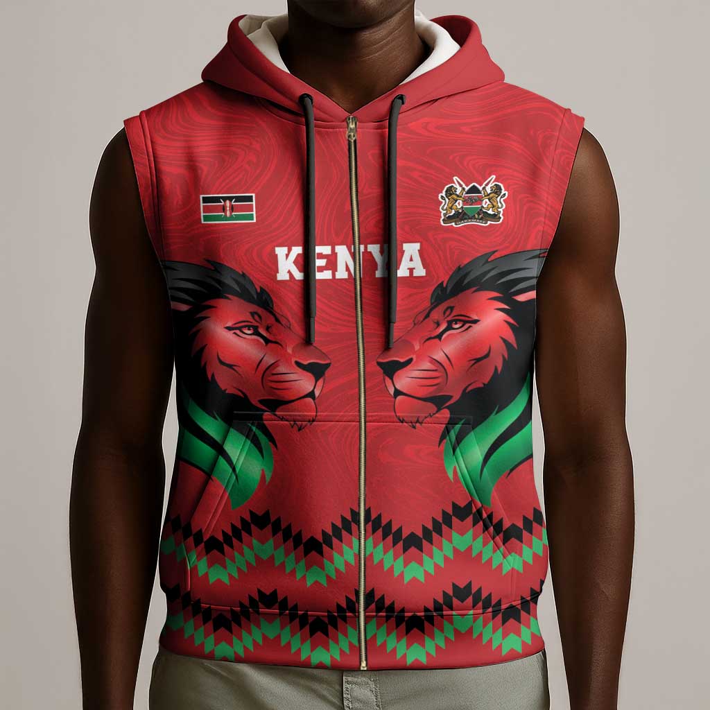 Custom Cricket Africa Kenya Sleeveless Zip Hoodie Red Lion Head with Kenyan Pattern - African Pride