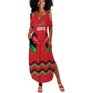 Custom Cricket Africa Kenya Summer Maxi Dress Red Lion Head with Kenyan Pattern - African Pride