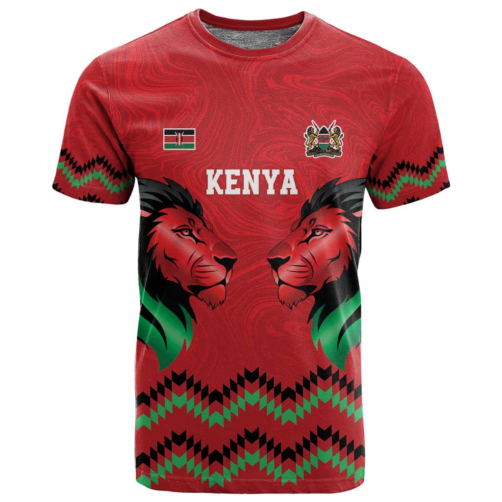 Custom Cricket Africa Kenya T shirt Red Lion Head with Kenyan Pattern - African Pride