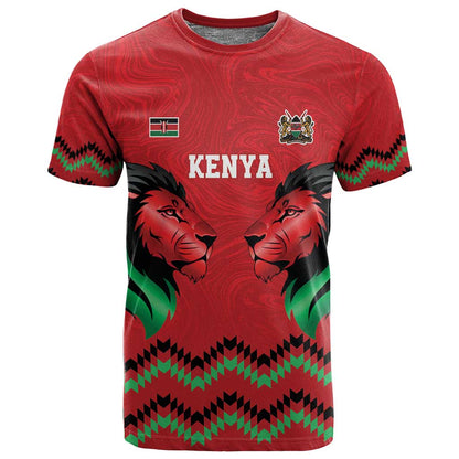 Custom Cricket Africa Kenya T shirt Red Lion Head with Kenyan Pattern - African Pride