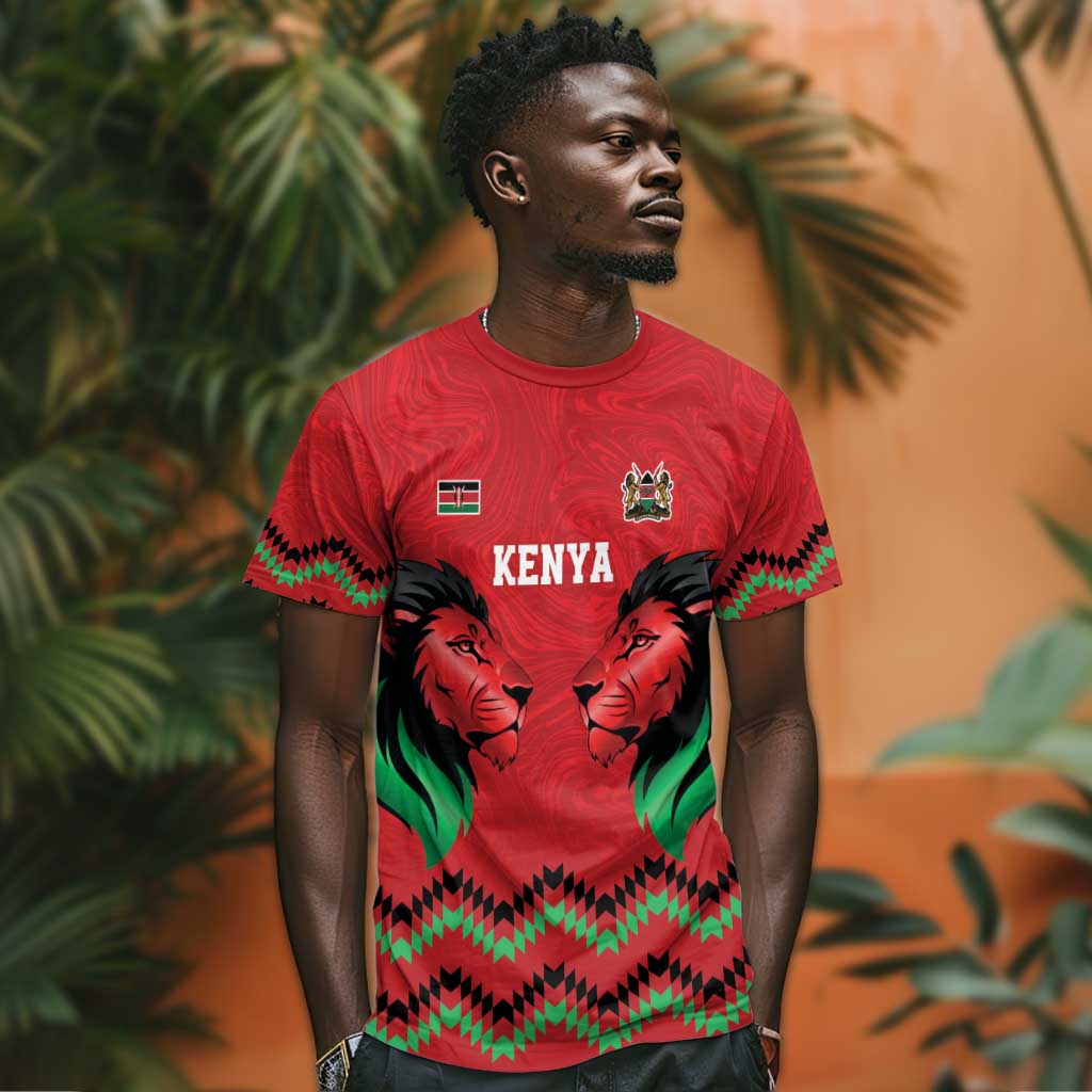 Custom Cricket Africa Kenya T shirt Red Lion Head with Kenyan Pattern - African Pride