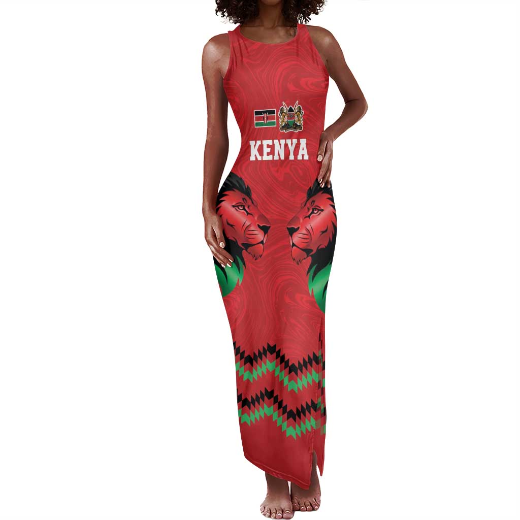 Custom Cricket Africa Kenya Tank Maxi Dress Red Lion Head with Kenyan Pattern - African Pride