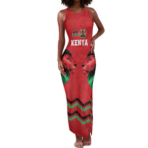 Custom Cricket Africa Kenya Tank Maxi Dress Red Lion Head with Kenyan Pattern - African Pride