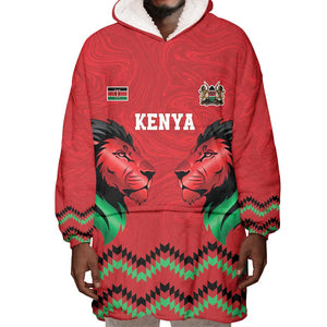 Custom Cricket Africa Kenya Wearable Blanket Hoodie Red Lion Head with Kenyan Pattern - African Pride