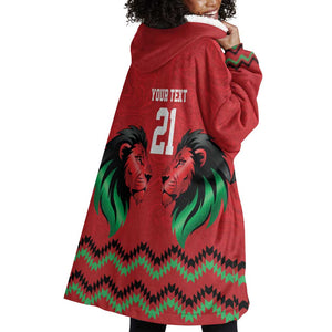 Custom Cricket Africa Kenya Wearable Blanket Hoodie Red Lion Head with Kenyan Pattern - African Pride