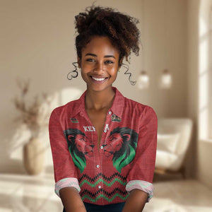 Custom Cricket Africa Kenya Women Casual Shirt Red Lion Head with Kenyan Pattern - African Pride