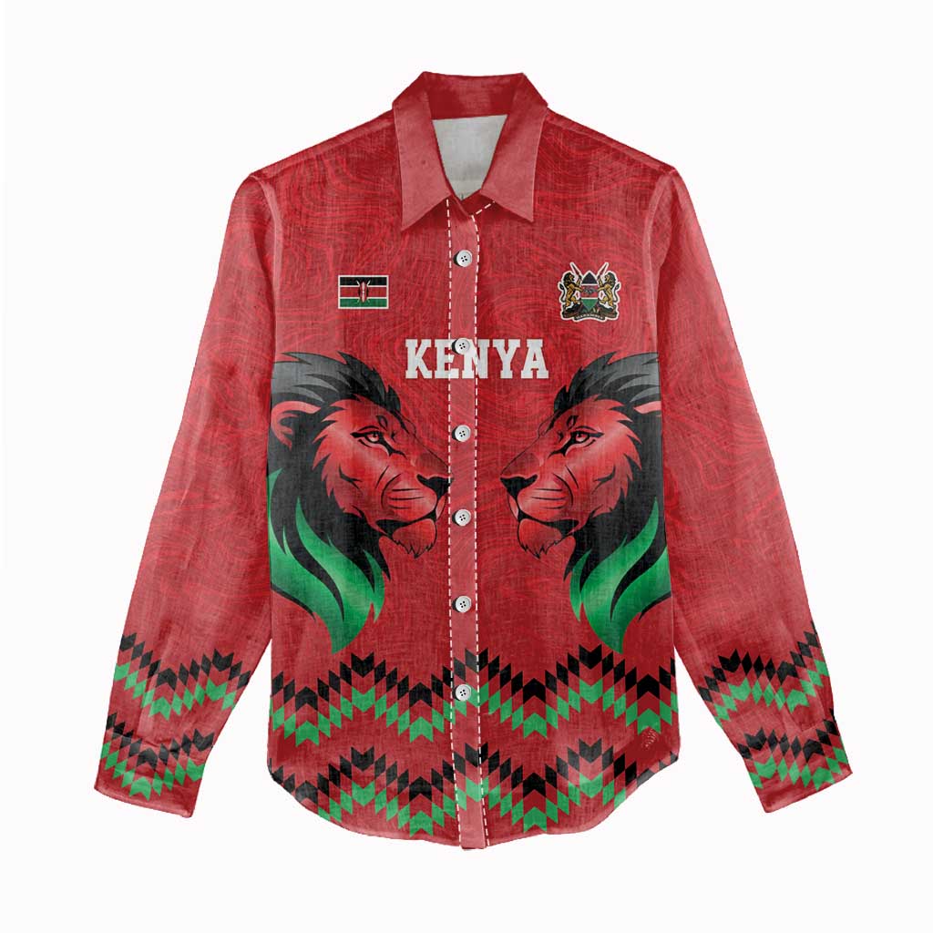 Custom Cricket Africa Kenya Women Casual Shirt Red Lion Head with Kenyan Pattern - African Pride