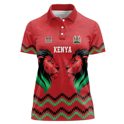 Custom Cricket Africa Kenya Women Polo Shirt Red Lion Head with Kenyan Pattern - African Pride