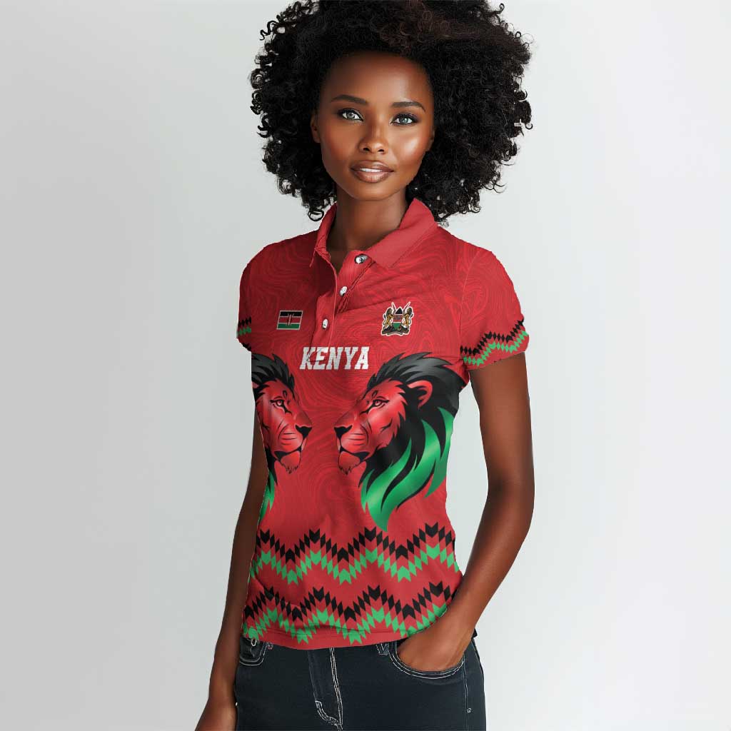 Custom Cricket Africa Kenya Women Polo Shirt Red Lion Head with Kenyan Pattern - African Pride