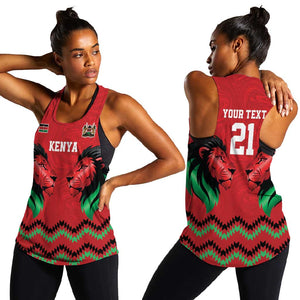 Custom Cricket Africa Kenya Women Racerback Tank Red Lion Head with Kenyan Pattern - African Pride