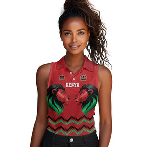 Custom Cricket Africa Kenya Women Sleeveless Polo Shirt Red Lion Head with Kenyan Pattern - African Pride