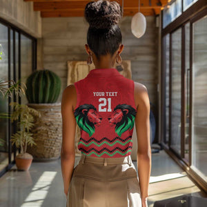 Custom Cricket Africa Kenya Women Sleeveless Polo Shirt Red Lion Head with Kenyan Pattern - African Pride