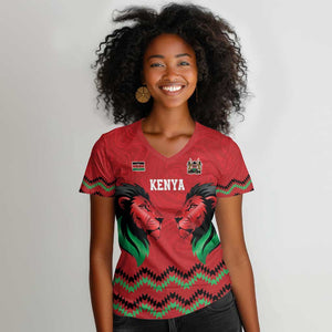 Custom Cricket Africa Kenya Women V-Neck T-Shirt Red Lion Head with Kenyan Pattern - African Pride