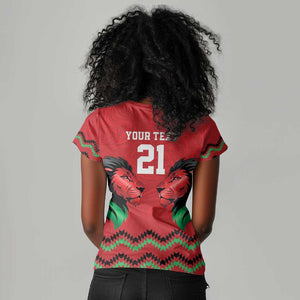 Custom Cricket Africa Kenya Women V-Neck T-Shirt Red Lion Head with Kenyan Pattern - African Pride
