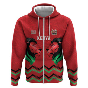 Custom Cricket Africa Kenya Zip Hoodie Red Lion Head with Kenyan Pattern - African Pride