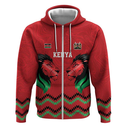 Custom Cricket Africa Kenya Zip Hoodie Red Lion Head with Kenyan Pattern - African Pride