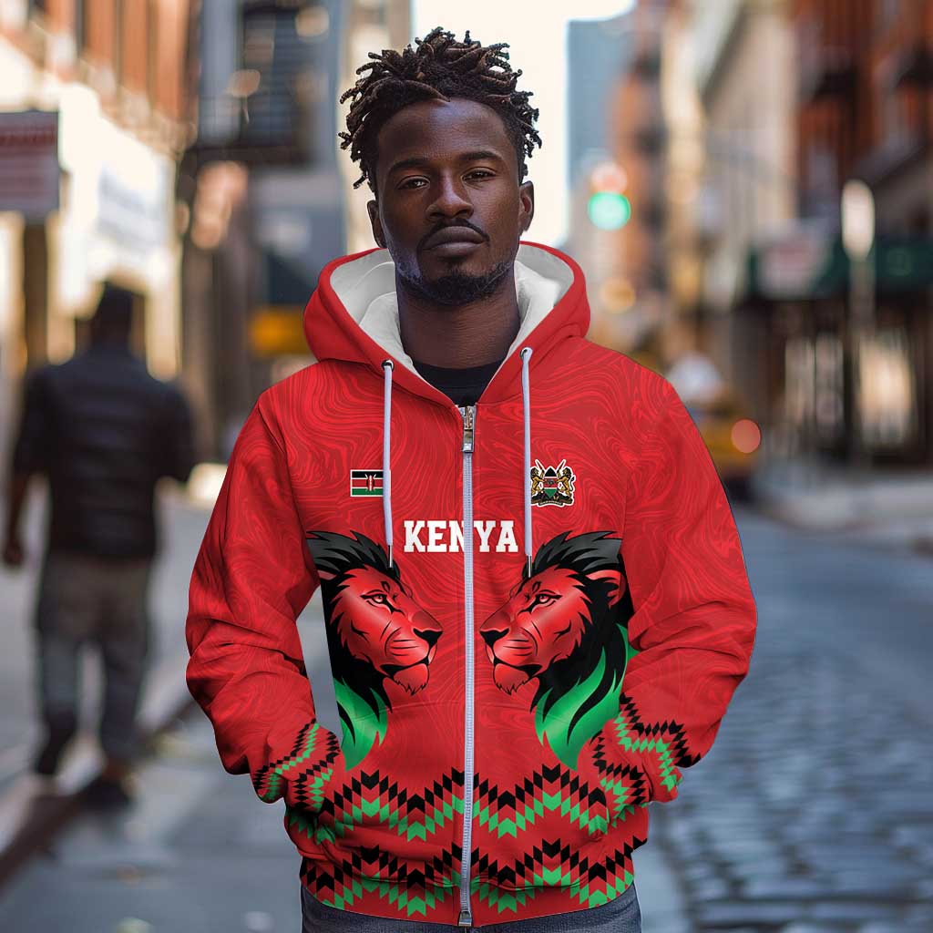 Custom Cricket Africa Kenya Zip Hoodie Red Lion Head with Kenyan Pattern - African Pride