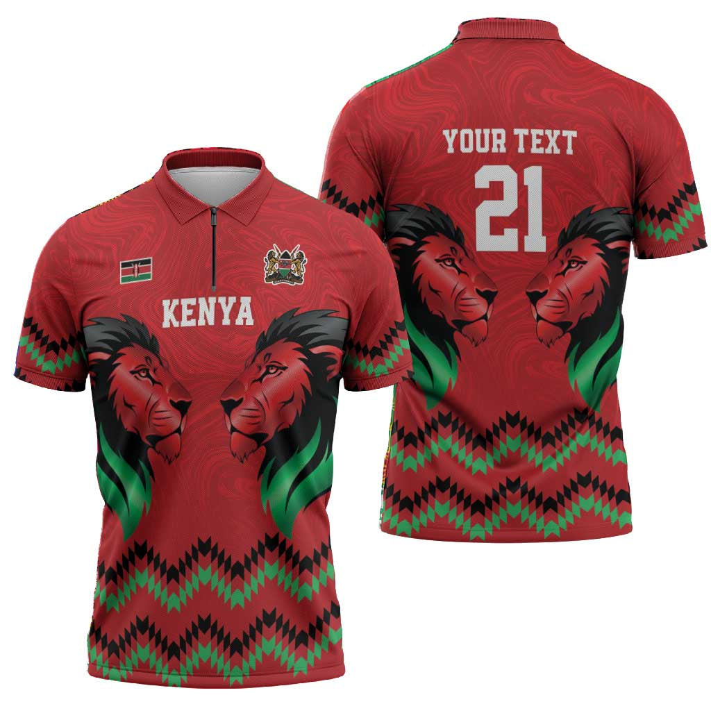 Custom Cricket Africa Kenya Zipper Polo Shirt Red Lion Head Kenyan Pattern