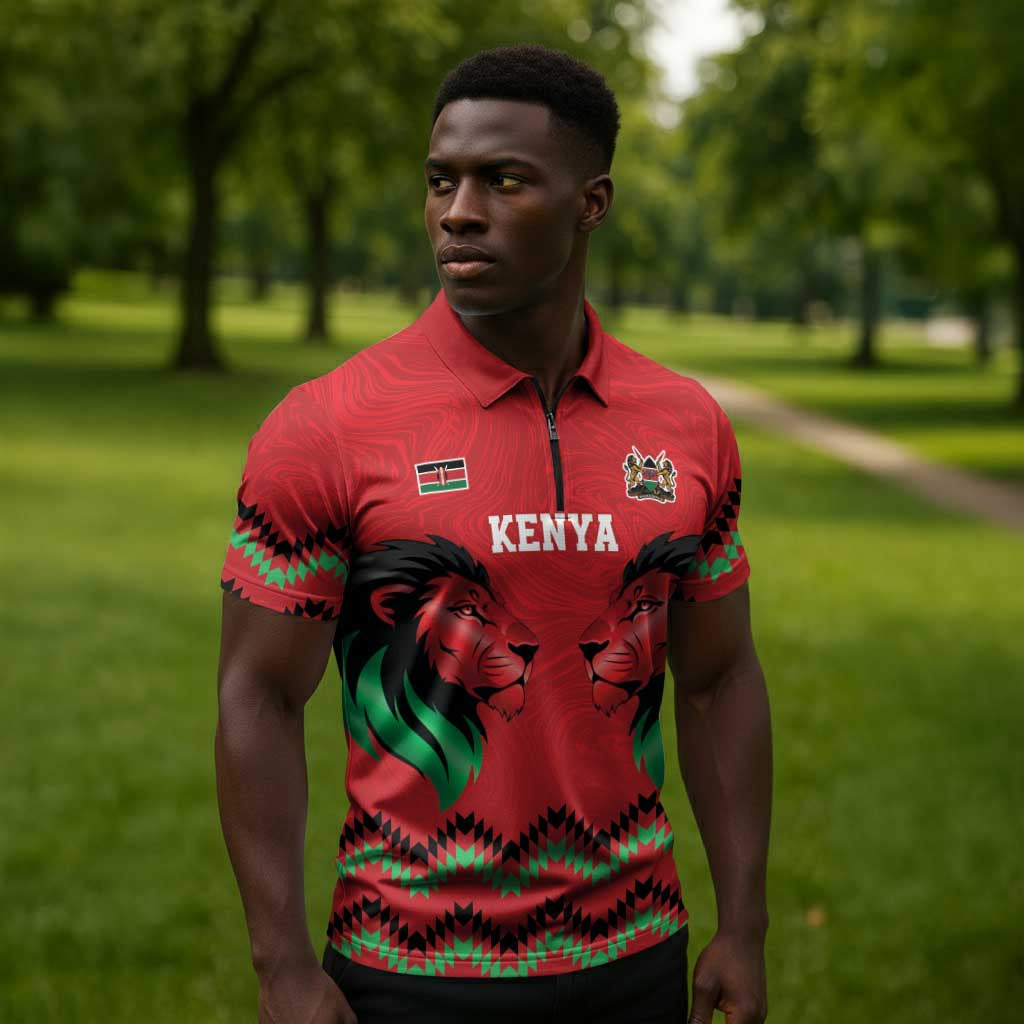 Custom Cricket Africa Kenya Zipper Polo Shirt Red Lion Head Kenyan Pattern