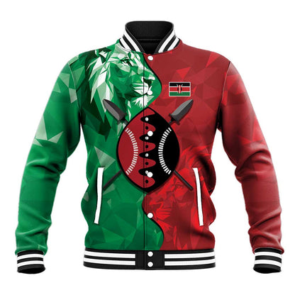 Personalized Kenya Maasai Shield Baseball Jacket Green Red Kenyan Lion Half Style - African Pride