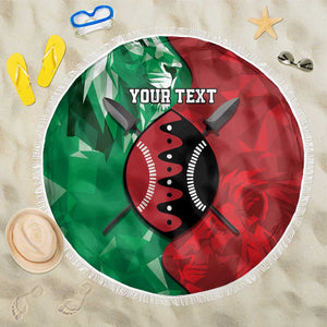 Personalized Kenya Maasai Shield Beach Blanket Green Red Kenyan Lion Half Style - African Pride