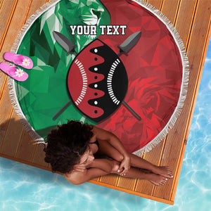 Personalized Kenya Maasai Shield Beach Blanket Green Red Kenyan Lion Half Style - African Pride