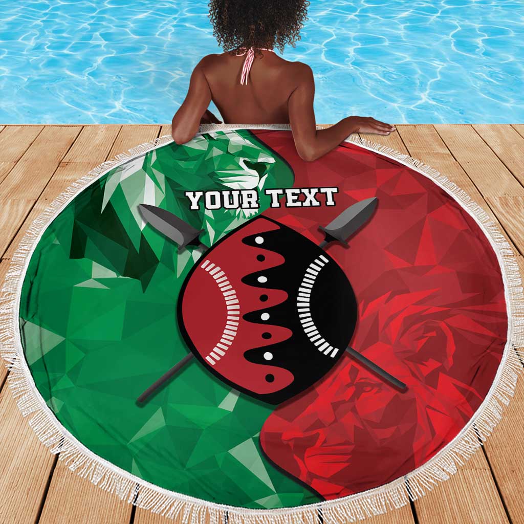 Personalized Kenya Maasai Shield Beach Blanket Green Red Kenyan Lion Half Style - African Pride