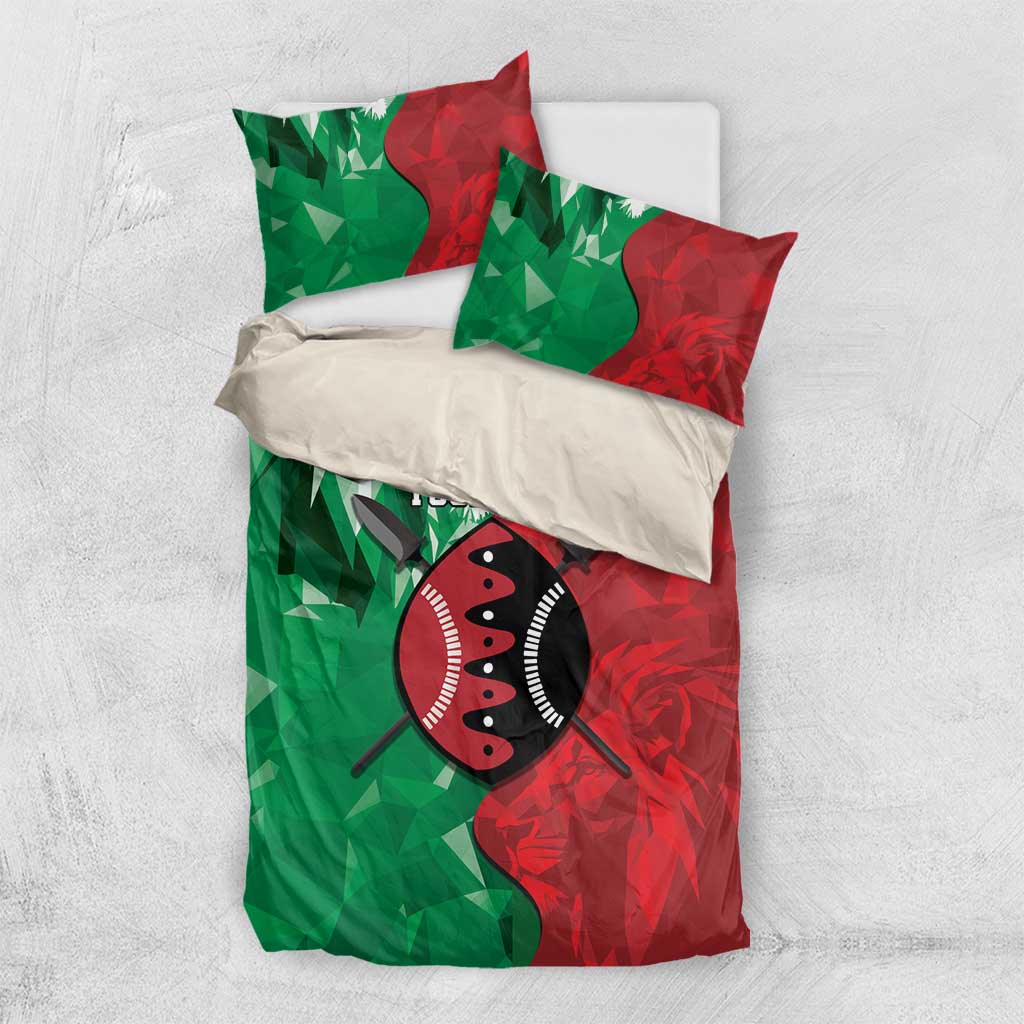 Personalized Kenya Maasai Shield Bedding Set Green Red Kenyan Lion Half Style - African Pride