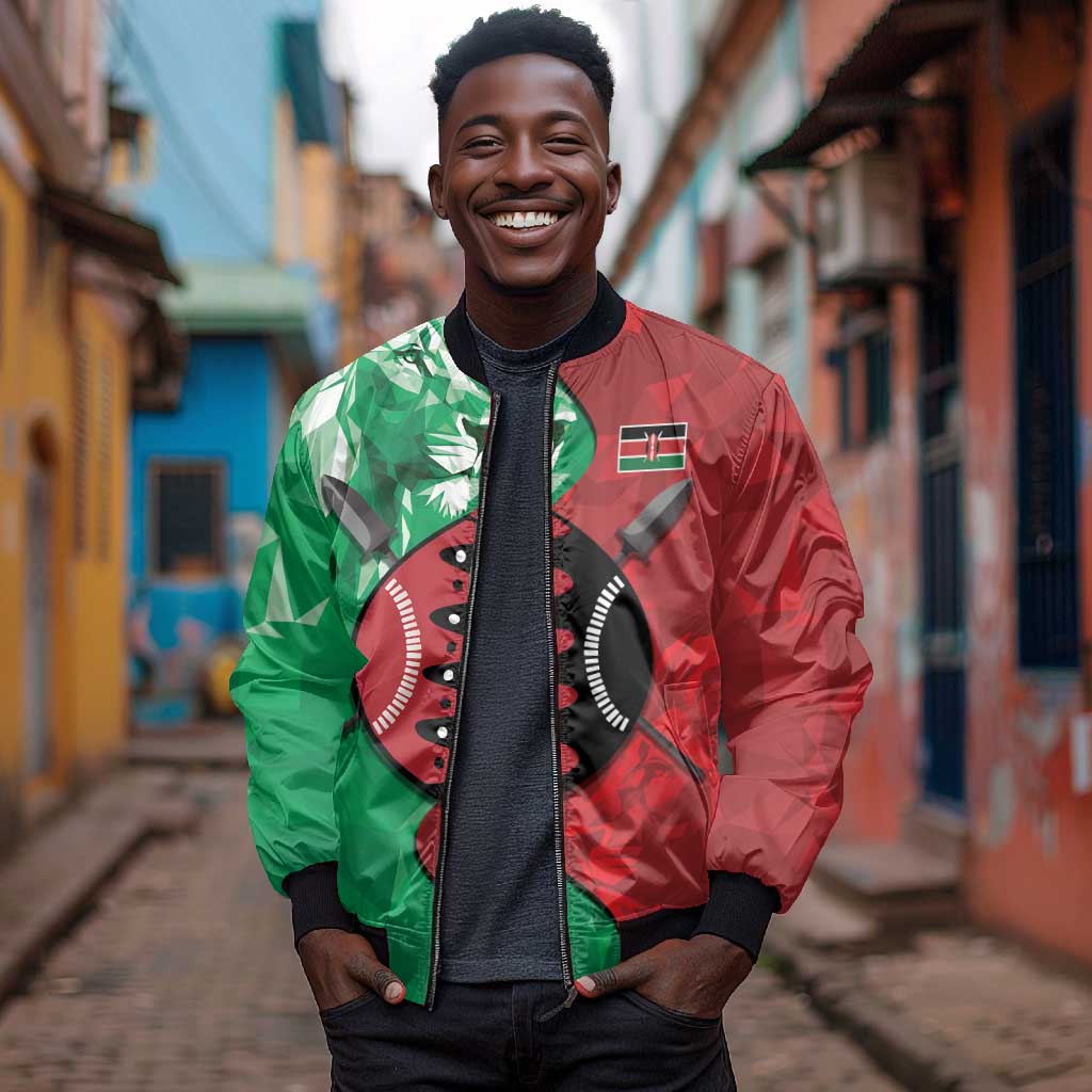 Personalized Kenya Maasai Shield Bomber Jacket Green Red Kenyan Lion Half Style - African Pride