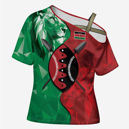 Personalized Kenya Maasai Shield Cross Shoulder Shirt Green Red Kenyan Lion Half Style